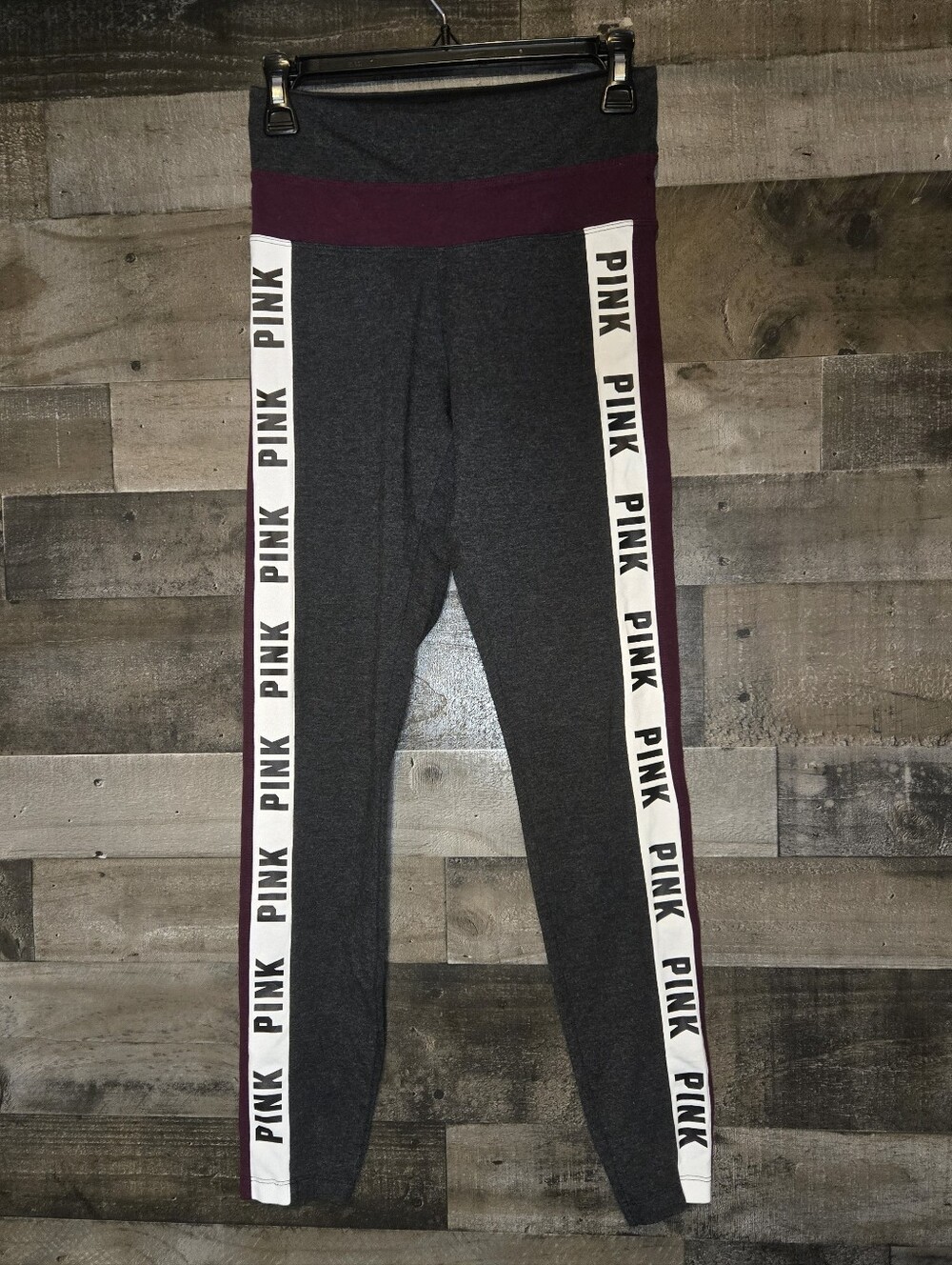 PINK Victoria's Secret Gray & Burgundy Logo-Strip Leggings